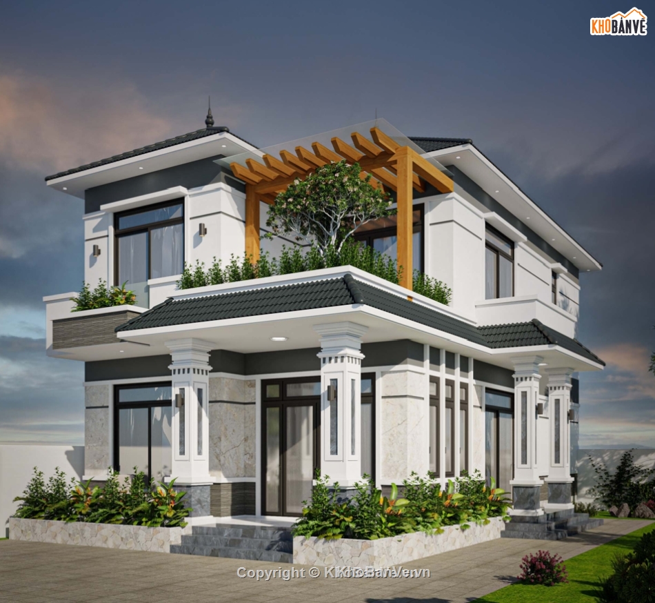 bản vẽ nhà 2 tầng,bản vẽ nhà mái nhật,bản vẽ biệt thự mái nhật 2 tầng